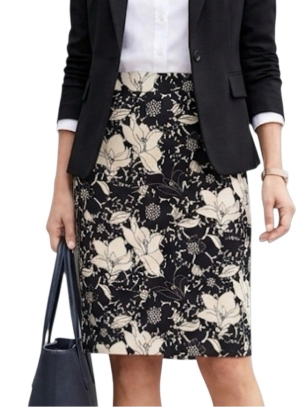 J. Crew Black and Cream Floral Pencil Skirt